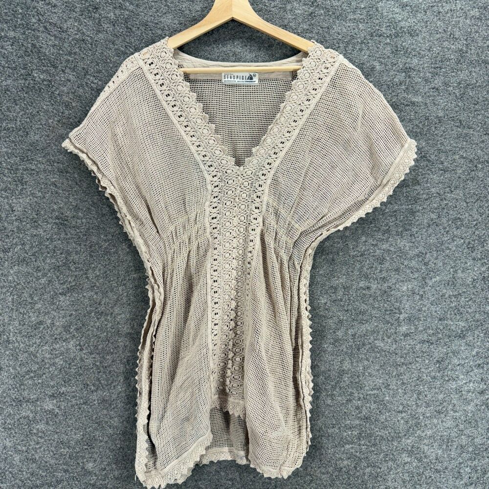 Seaspice Mini Dress Women M Medium Gray Short V-Neck Short Sleeve Cotton Casual